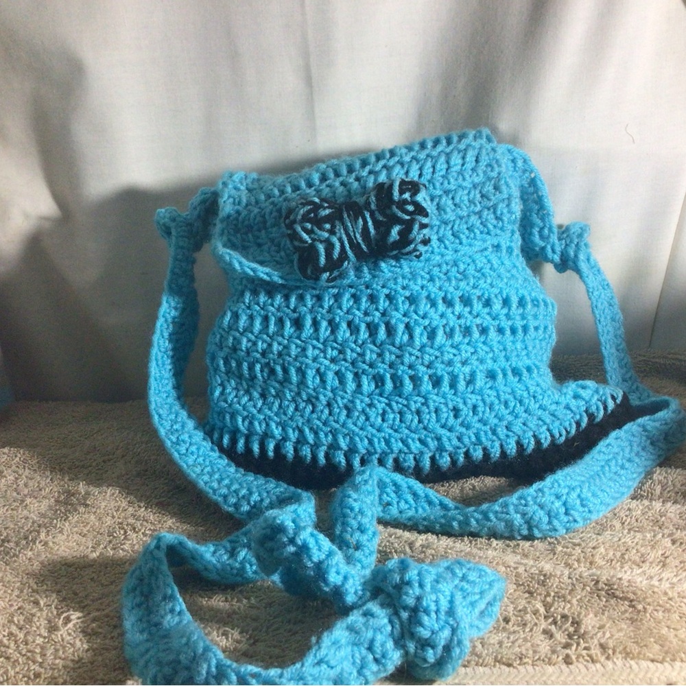 Handmade Turquoise Crochet Shoulder Bag with Braided Strap